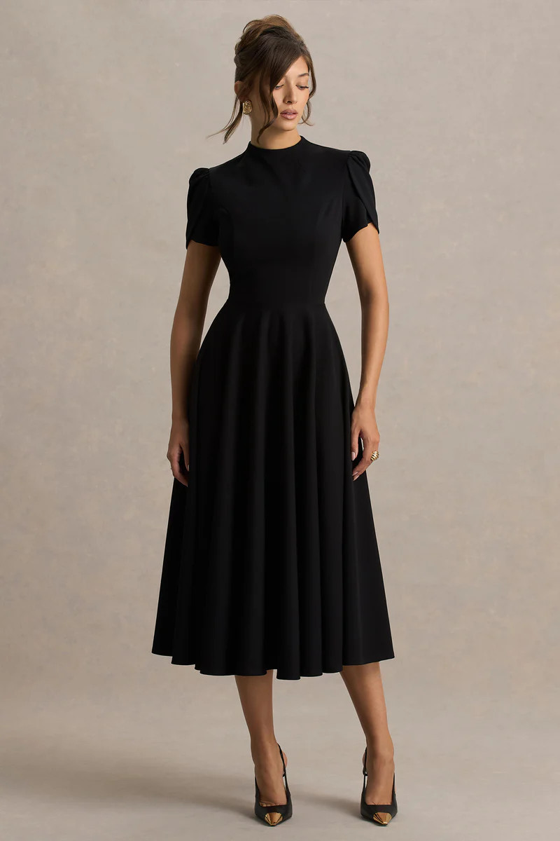 Vicky | Black High Neck Midi Dress With Puff Sleeves | Club L London