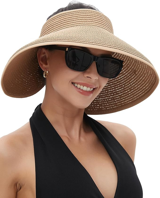 Womens Beach Hats Wide Brim Straw Sun Hat Packable Ponytail Roll Up Hats Summer Travel Straw Viso... | Amazon (US)