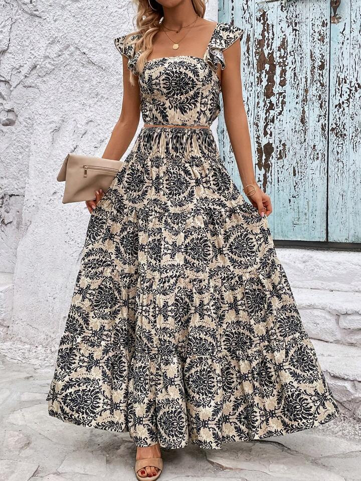 SHEIN VCAY Allover Print Ruffle Trim Top & Skirt | SHEIN