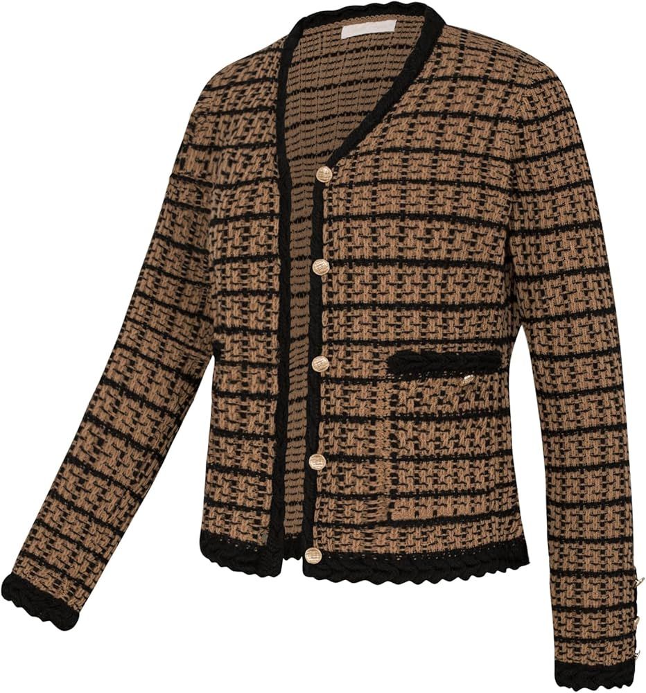 Belle Poque Women Cardigan Sweaters Tweed Pattern Jacket V Neck Sweater Blazer with Button for Fa... | Amazon (US)