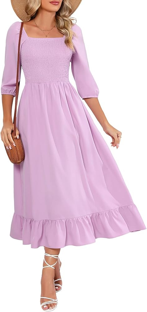 Berydress Summer Dresses for Women 2024 3/4 Sleeve Casual Square Neck Smocked Tiered Long Maxi Su... | Amazon (US)
