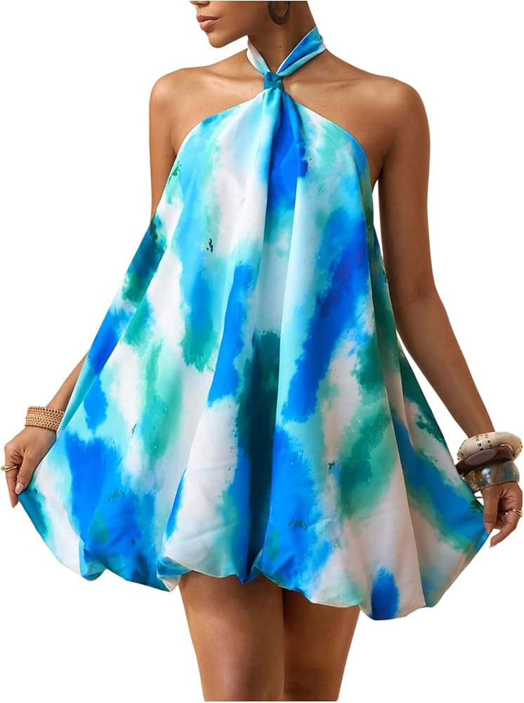 OYOANGLE Women's Bubble Dress Tie Dye Halter Backless Flowy Mini Sundresses | Amazon (US)