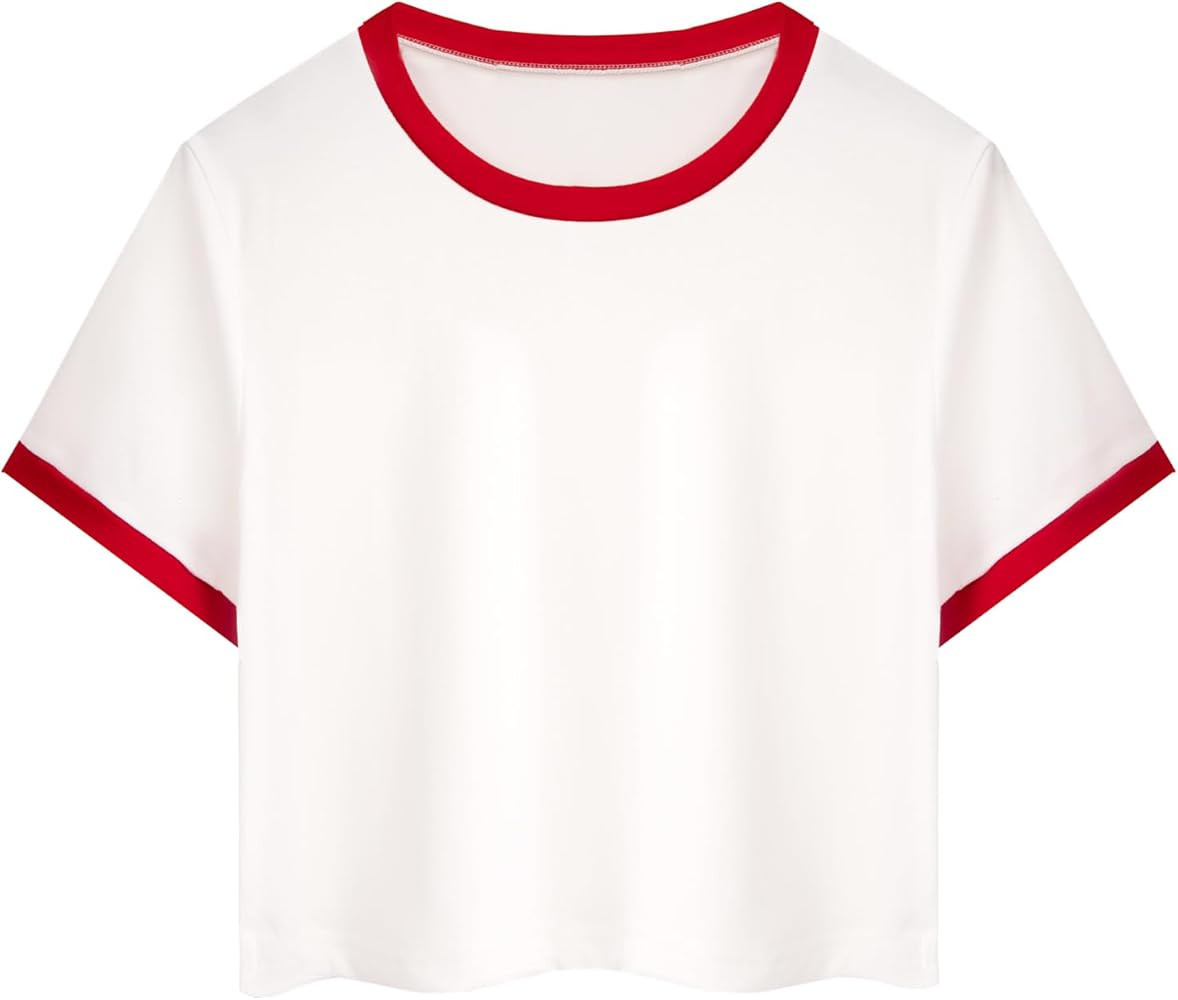 LilyCoco Women's Ringer Crop Top Baby Fitted Tee Short Sleeve Crew Neck T Shirts | Amazon (US)