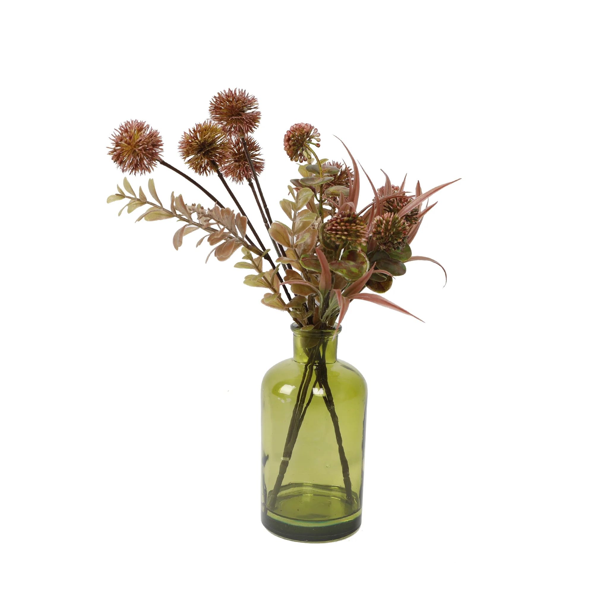 Flora Bunda 15" Artificial Fall Tabletop Floral Arrangement - Green Glass Vase - Walmart.com | Walmart (US)