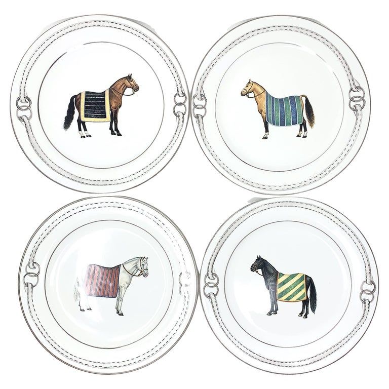 Devon Equestrian Ceramic Dinner Plates S/4, Made in Italy | 1stDibs