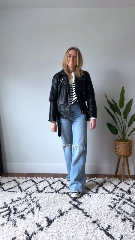 Thanksgiving outfit. Casual outfit. Winter outfit. Leather jacket. Striped sweater. Wide leg jeans. Amazon fashion. H&M. 

Sweater is a medium.
Jacket is a small.
Jeans are Zara and cannot be linked, but I’m in a 6/28. I’ve also linked several similar pairs!

#LTKunder100 #LTKunder50 #LTKSeasonal