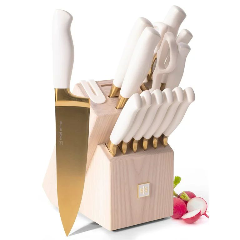 White and Gold Knife Set with Block Self Sharpening - 14 Piece Luxurious Titanium Coated Gold and... | Walmart (US)
