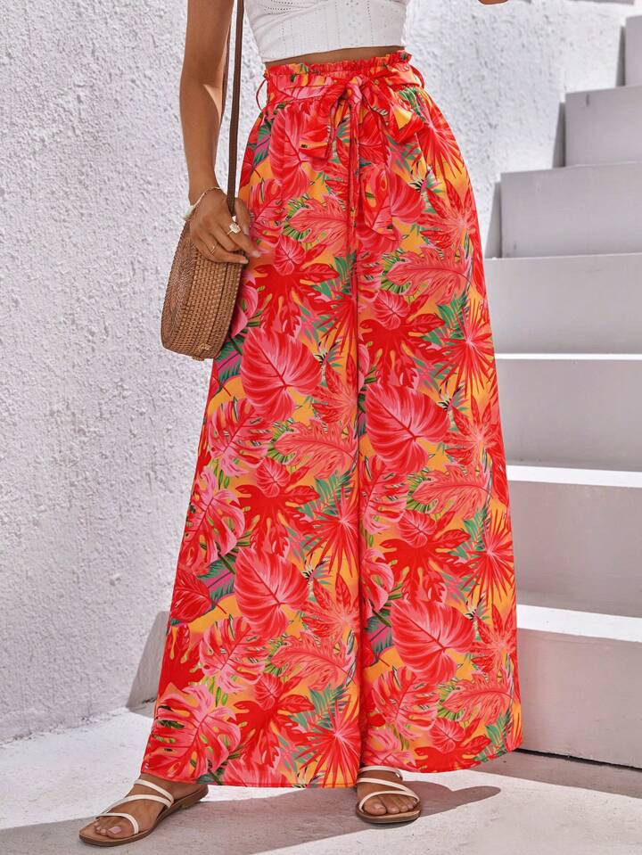 SHEIN VCAY Tropical Print Paperbag Waist Belted Wide Leg Pants | SHEIN