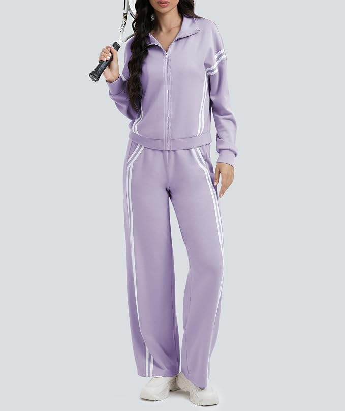 Women's 2 Piece Lounge Outfits Zip Up Sweat Set Contrast Striped Wide Leg Jogging Pants Travel Tr... | Amazon (US)