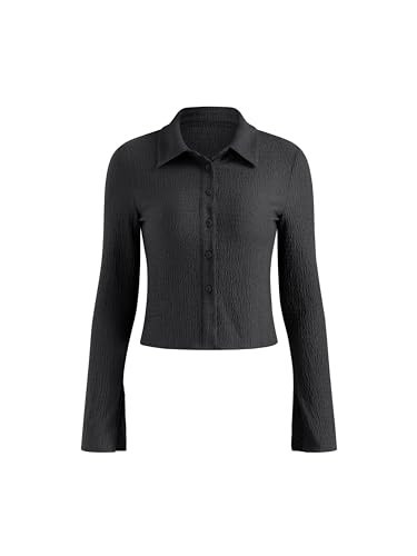 CIDER Women's Long Sleeve Shirts Bell Sleeve Button Down Casual Blouse Business Casual Office Outfit Black | Amazon (US)