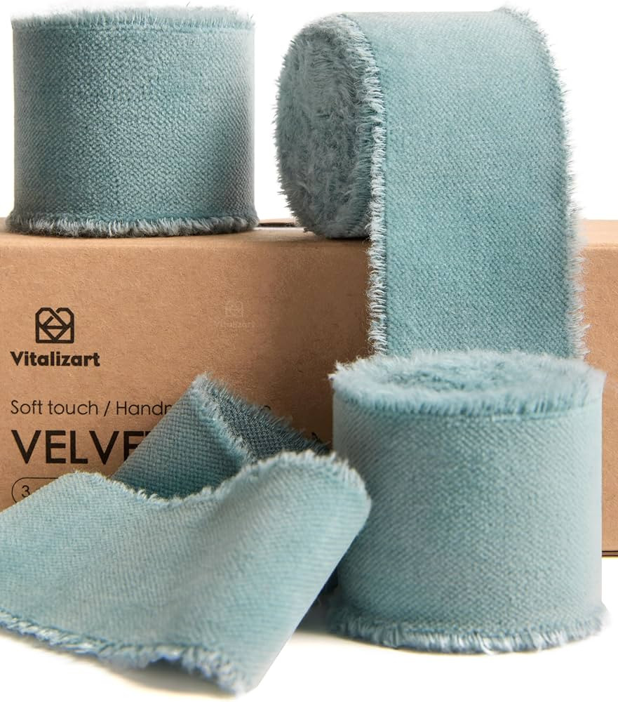 Vitalizart Dusty Blue Velvet Ribbon 1-1/2 Inch Handmade Frayed Fringe Fabric for Christmas Wreath... | Amazon (US)