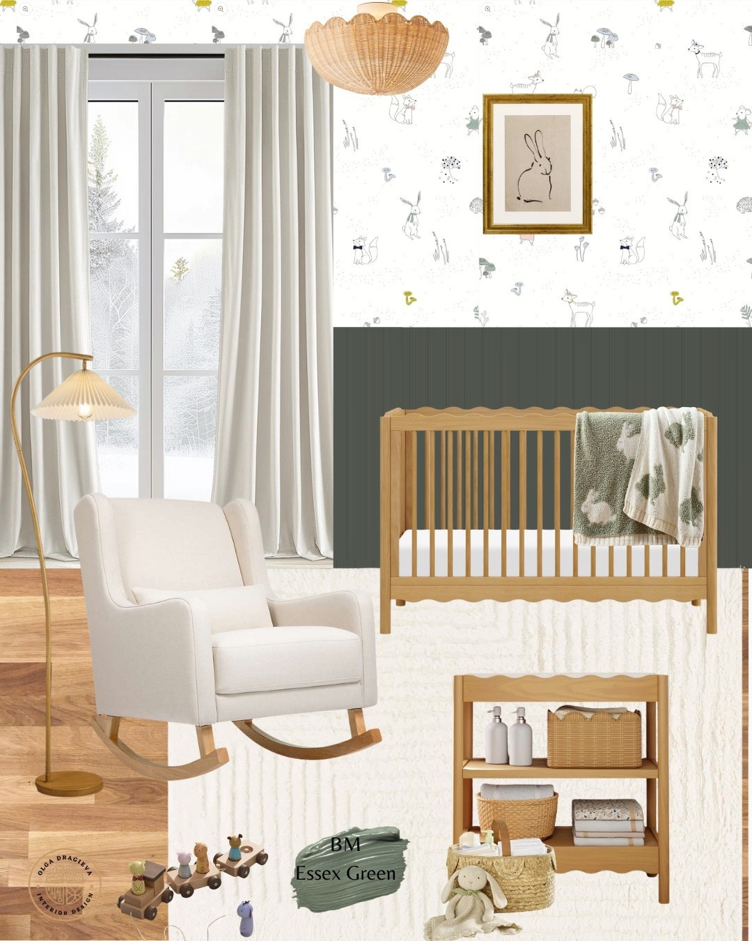 Cute nursery mood board, scalloped crib and nursery changing table, neutral rocker and rug, cute wallpaper from Chasing Paper. #homedecor #nursery 

#LTKHome #LTKBump #LTKBaby