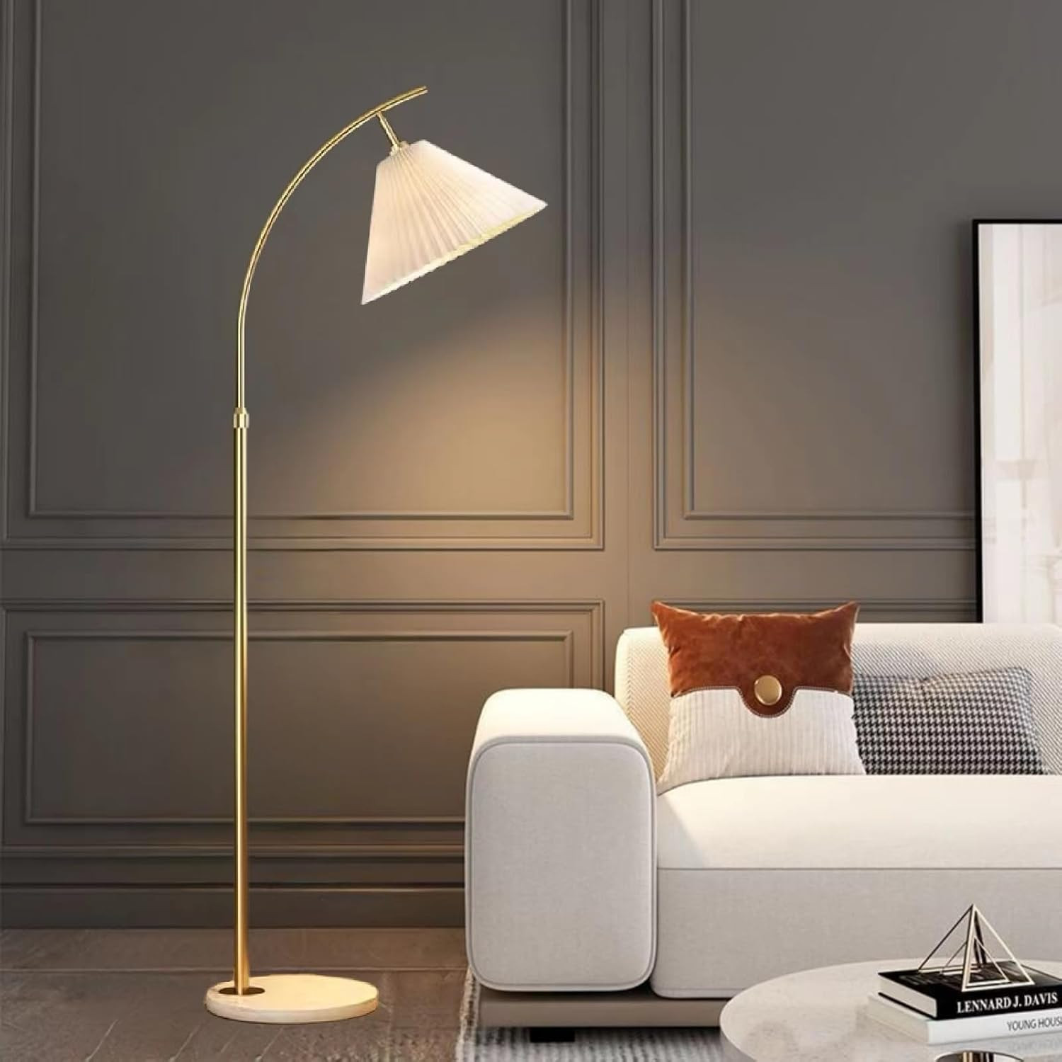 Arched Floor lamp White Fabric Curved Minimalist Floor Lamp with Pleated Shade Boho Floor Lamps f... | Amazon (US)