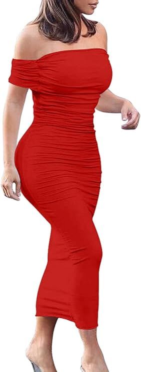 GOBLES Women's Ruched Off Shoulder Short Sleeve Bodycon Midi Elegant Cocktail Party Dress | Amazon (US)