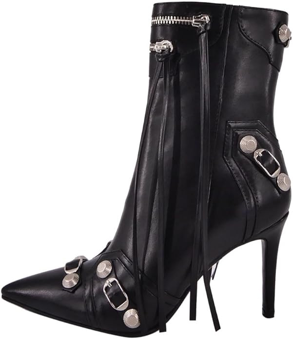 onlymaker Women's High Heel Ankle Boots With Zipper Metal Chains Stiletto Heel Fringed Tassels Po... | Amazon (US)