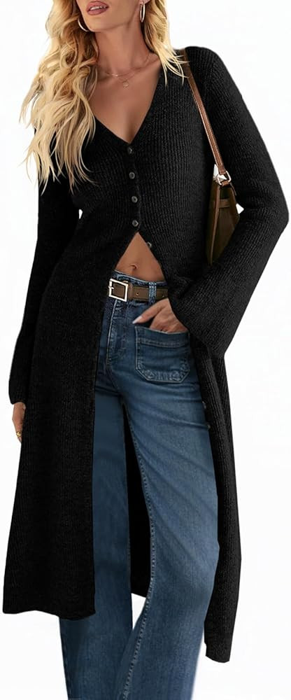 Saodimallsu Womens Long Cardigan Sweaters Oversized Bell Sleeve Open Front Button Down Casual Kni... | Amazon (US)