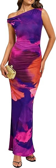 PRETTYGARDEN Women Summer Floral One Shoulder Bodycon Maxi Dresses Ruched Mesh Beach Wedding Gues... | Amazon (US)