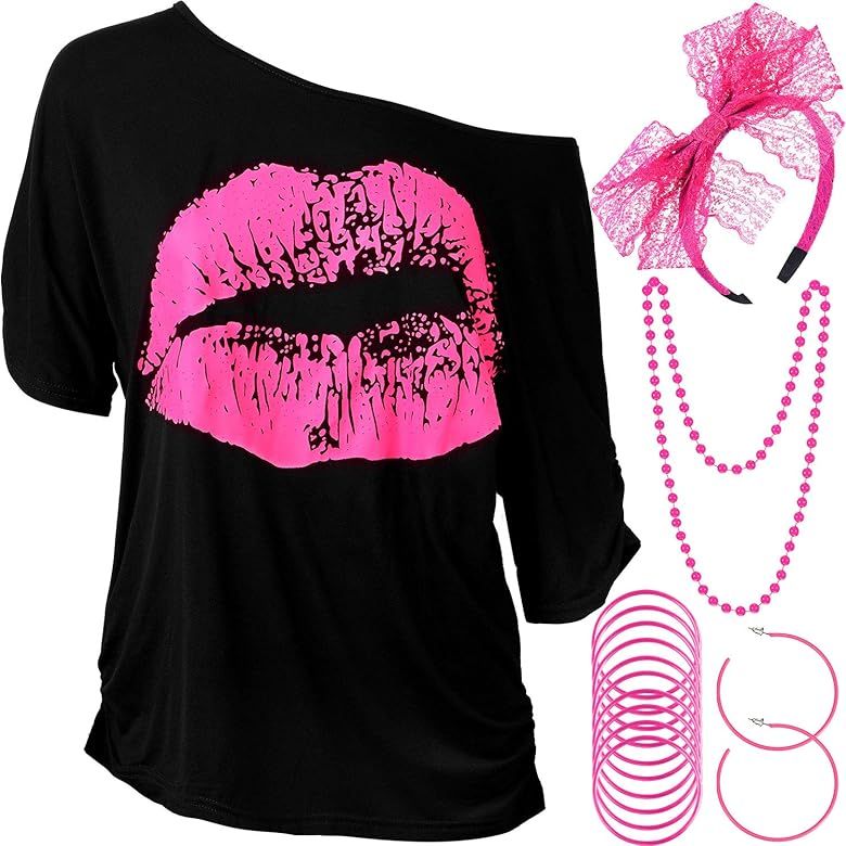 Women's 80s Costume Accessories Set, Lips Print T-Shirt Lace Headband Earrings Necklace Bracelet ... | Amazon (US)