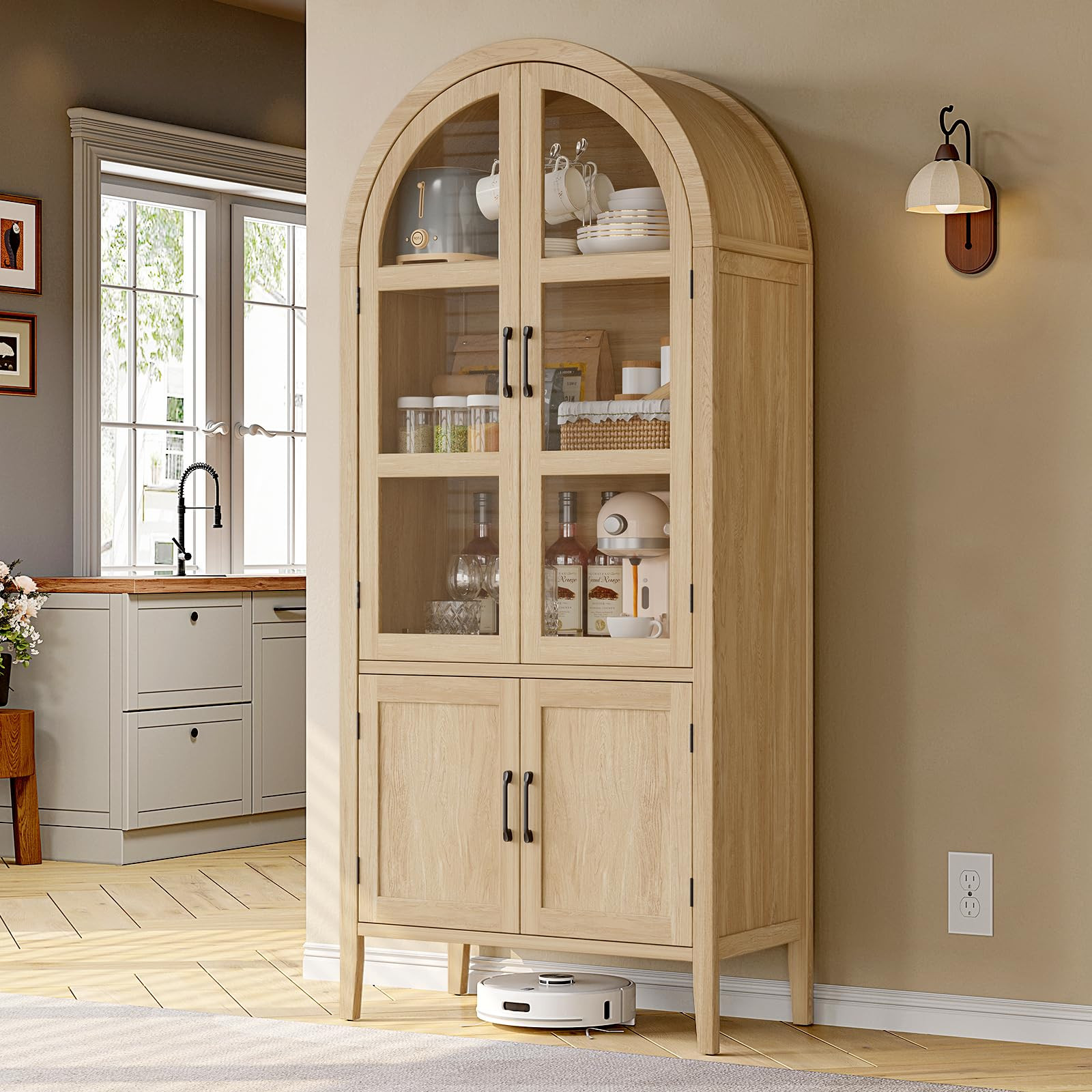 71" Tall Arched Cabinet, 5-Tier Arched Kitchen Pantry with Glass Doors & Shelves, Modern Display ... | Amazon (US)
