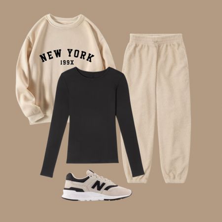 Cosy layers. Sports luxe. Neutrals 

#neutrals #cosy #layers #sportsluxe #joggers #sneakers
