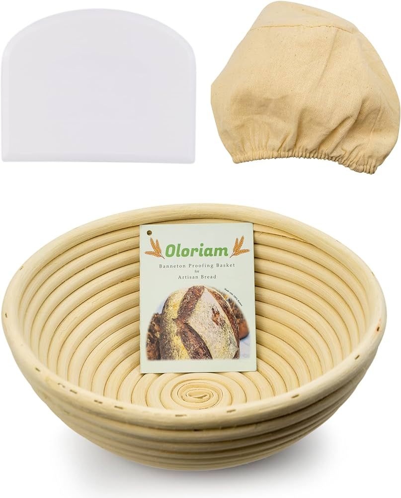 Bread Banneton Proofing Basket - 9 inch & Dough Scraper by Oloriam - Round 100% Rattan. Baking bo... | Amazon (US)