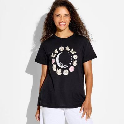 Women's Floral Butterfly Moon Phase Short Sleeve Graphic T-Shirt - Black XS | Target