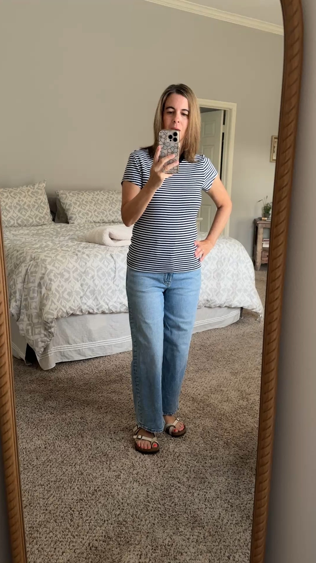 Getting ready to run errands and I’m keeping my outfit super classic and comfortable today. Navy striped tee, classic jeans, comfortable sandals, and of course, a water bottle. 💙

#LTKdayinmylife #LTKootd #LTKPetite