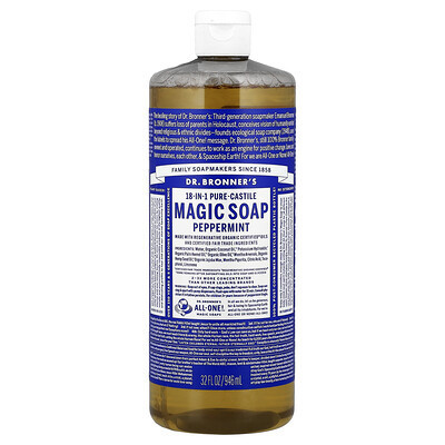 Dr. Bronner's, 18-in-1 Pure-Castile Magic Soap, Peppermint, 32 fl oz (946 ml) | iHerb