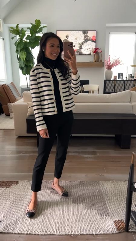 Workwear that is perfect for winter, fall or early spring. Black turtleneck that is on sale and I’m wearing in size XXS paired with striped lady jacket and black slim pants for a chic workwear look 

#LTKstyletip #LTKworkwear #LTKSeasonal