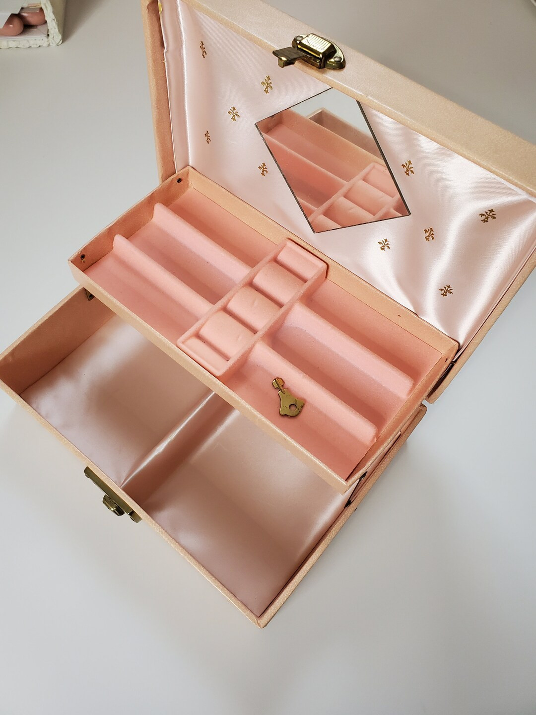 Vintage 1960's Peach With Pink Satin and Velvet Lining Jewelry Box With Key and Mirror / Shabby C... | Etsy (US)