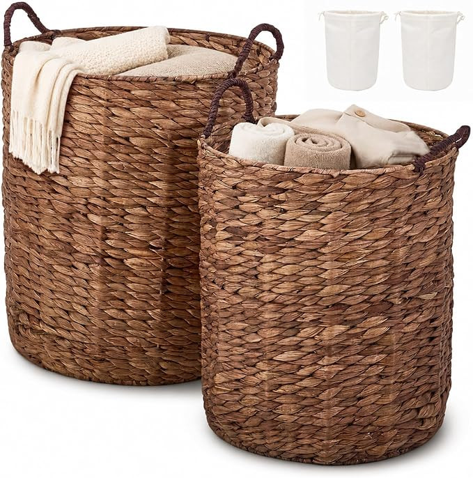 Round Water Hyacinth Storage Baskets with Removable Liners | Amazon (US)