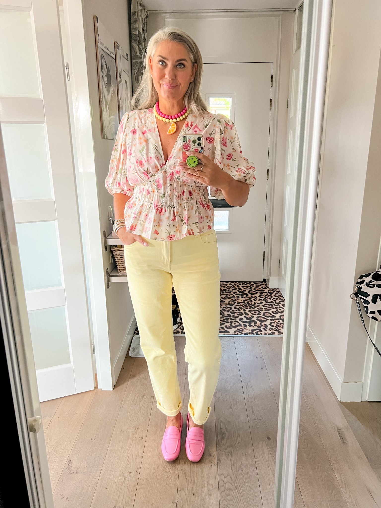 Ootw - Tuesday. Yellow jeans from Perfect Jeans (L/34”), floral peplum top (XL), pink loafers, bead necklaces. 



#LTKeurope #LTKmidsize #LTKsummer