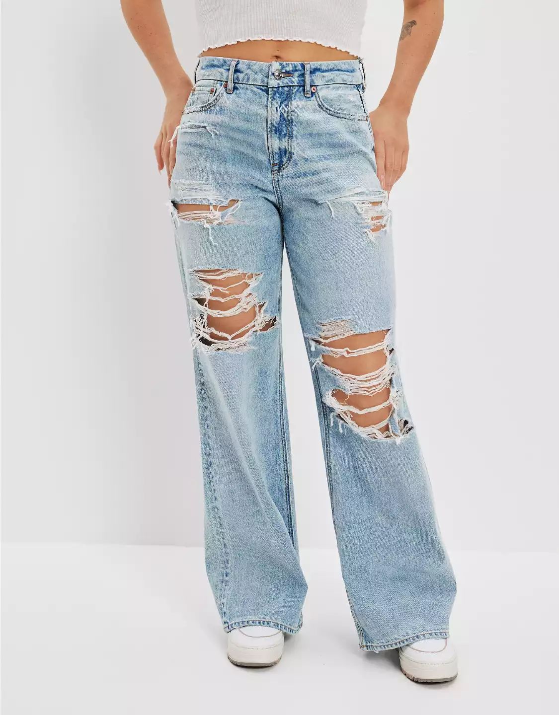 AE Strigid Ripped Curvy Super High-Waisted Baggy Wide-Leg Jean | American Eagle Outfitters (US & CA)
