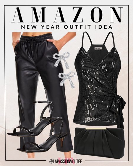 Step into the New Year with shimmer and style! ✨ Sparkle in a sequin top paired with sleek faux leather pants. Complete the look with a chic clutch, dazzling rhinestone earrings, and strappy heeled sandals. Unleash your glamour with Amazon's perfect ensemble for a night of celebration! 🎉

#LTKHoliday #LTKstyletip #LTKSeasonal