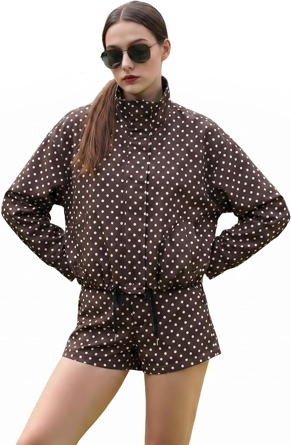 Women's Polka Dot Set, 2 Piece Cropped Zip-Up Jacket and Shorts | Amazon (US)