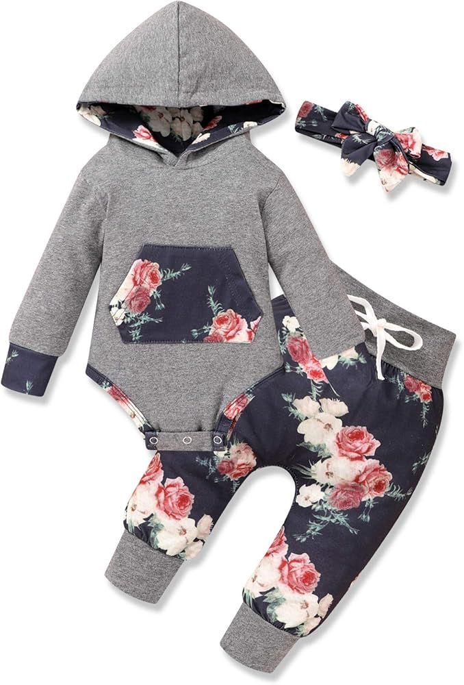 Infant Baby Boy Girl Clothes Long Sleeve Romper Floral Hoodie Sweatshirt Long Pants 2PCS Fall Win... | Amazon (US)