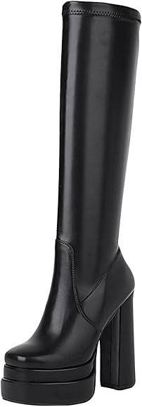 Women's Platform Knee High Boots Square Toe Chunky Heel Long Stretch Gogo Boots with Side Zipper | Amazon (US)