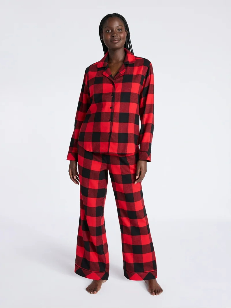 Joyspun Women's Long Sleeve Flannel Sleep Top and Pants Pajama Set, 2-Piece, Sizes XS-3X | Walmart (US)