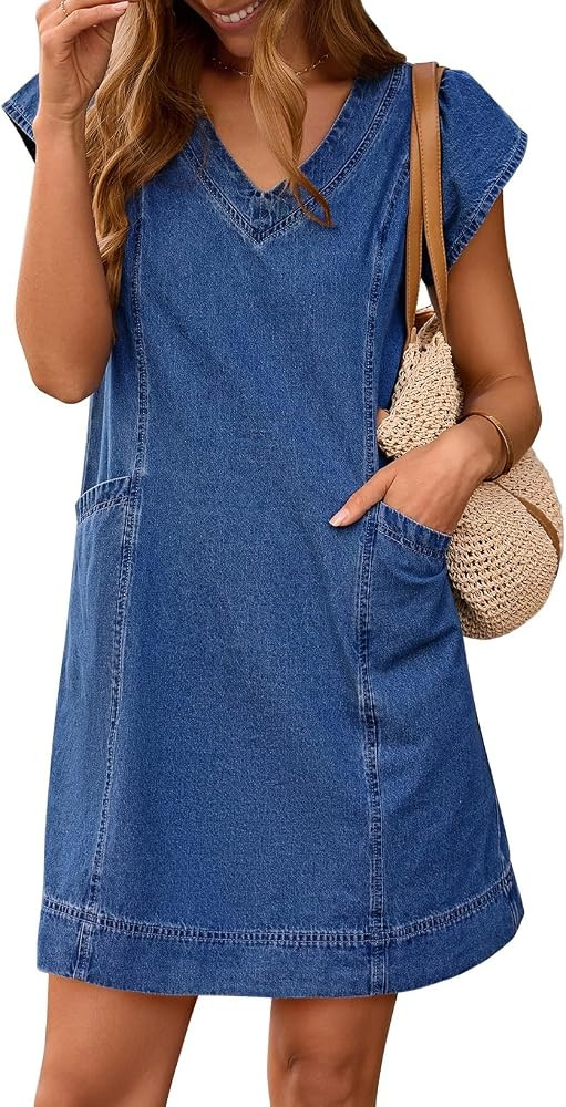 Pink Queen Womens Denim Dress Summer V Neck Short Sleeve Loose Casual Jean Dresses with Pockets | Amazon (US)