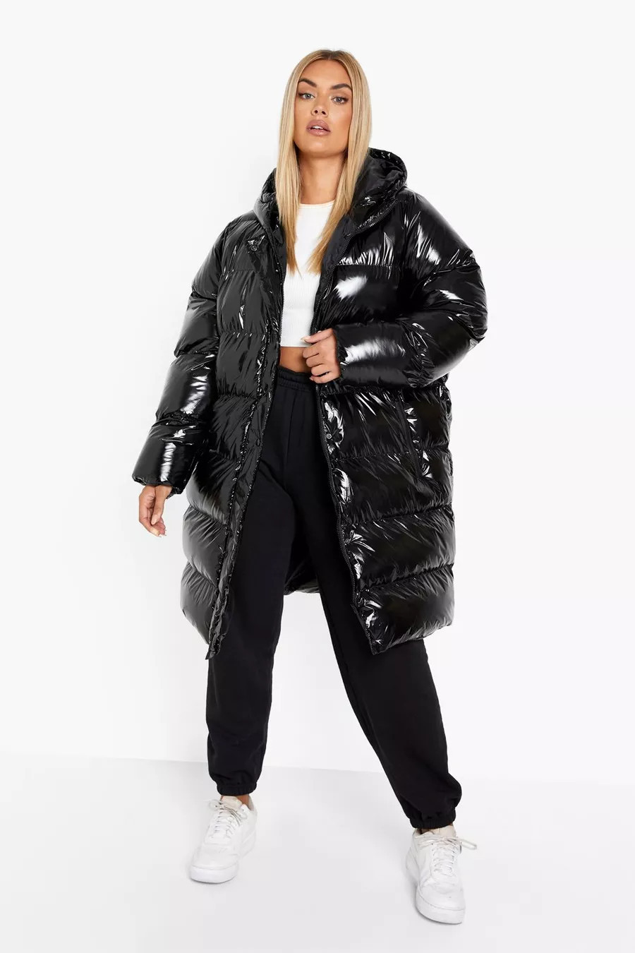Plus Longline Hooded High Shine Puffer Jacket | boohoo (US & Canada)
