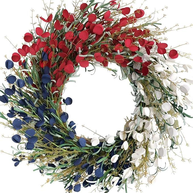 Bibelot 22 inches American Flag Floral Wreath Patriotic Decorations Wreath Red White Blue Artific... | Amazon (US)