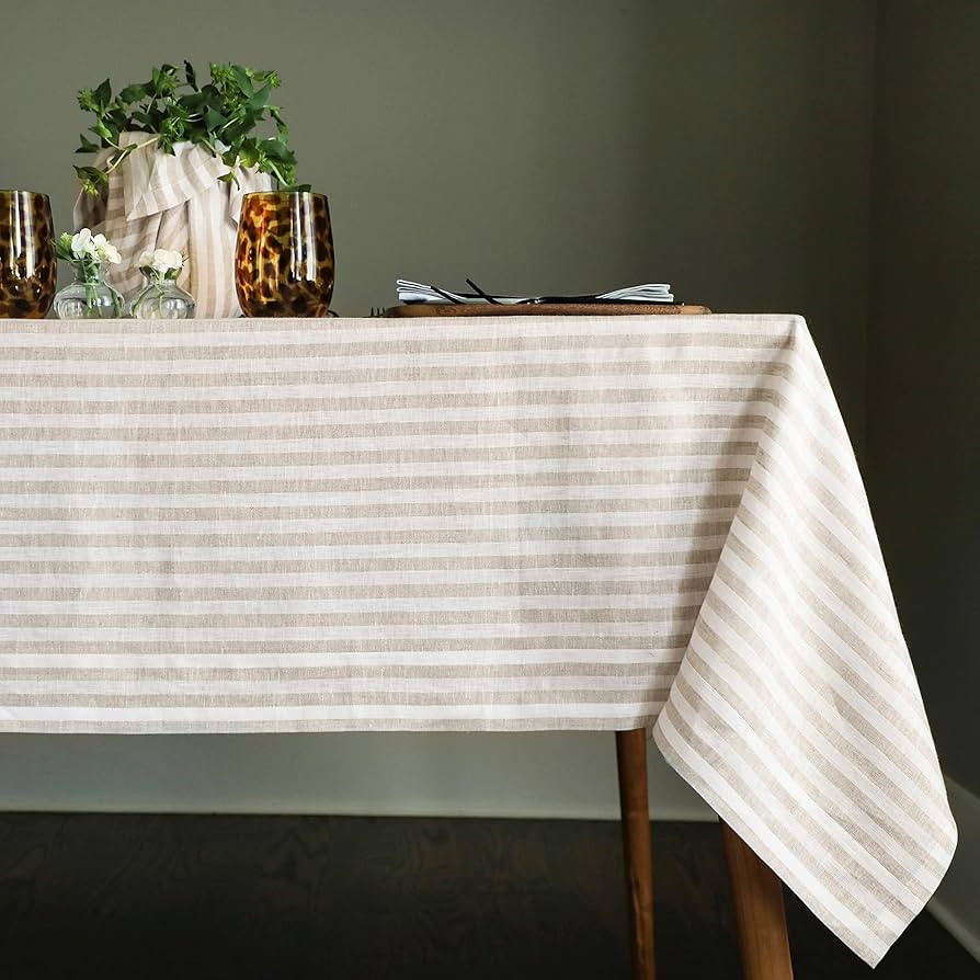 Solino Home Linen Tablecloth 60 x 120 Inch – 100% Pure Linen Natural and White Striped Tableclo... | Amazon (US)