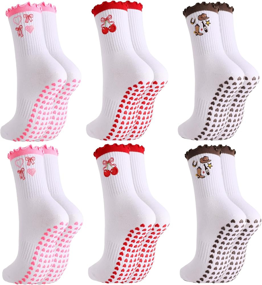 scenicamp 6 Pairs Cute Pilates Socks for Women Ruffle Cuff Grips Yoga Embroidery Ballet Socks | Amazon (US)