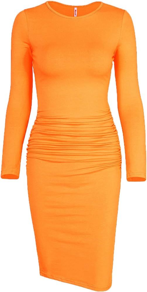 Missufe Women's Long Sleeve Ruched Casual Sundress Midi Bodycon Sheath Dress | Amazon (US)