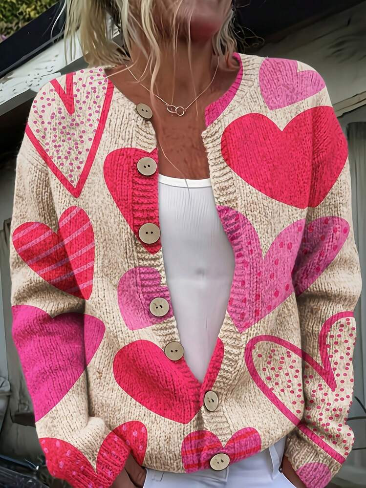 Valentine's Day Women's Cream Heart Print Cardigan: Pink & Red Scattered Love Pattern V-Neck Knit Sweater With Wooden Buttons. Lightweight Romantic Gift For Valentine's Day, Date Nights, Galentine's, Spring Layering, And Coquette Aesthetic Outfits. | SHEIN
