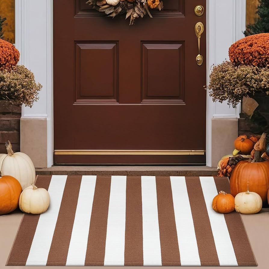 Duraaamo Fall Front Porch Rug 24 x 35 Inch Brown and White Striped Autumn Area Rug Machine Washab... | Amazon (US)