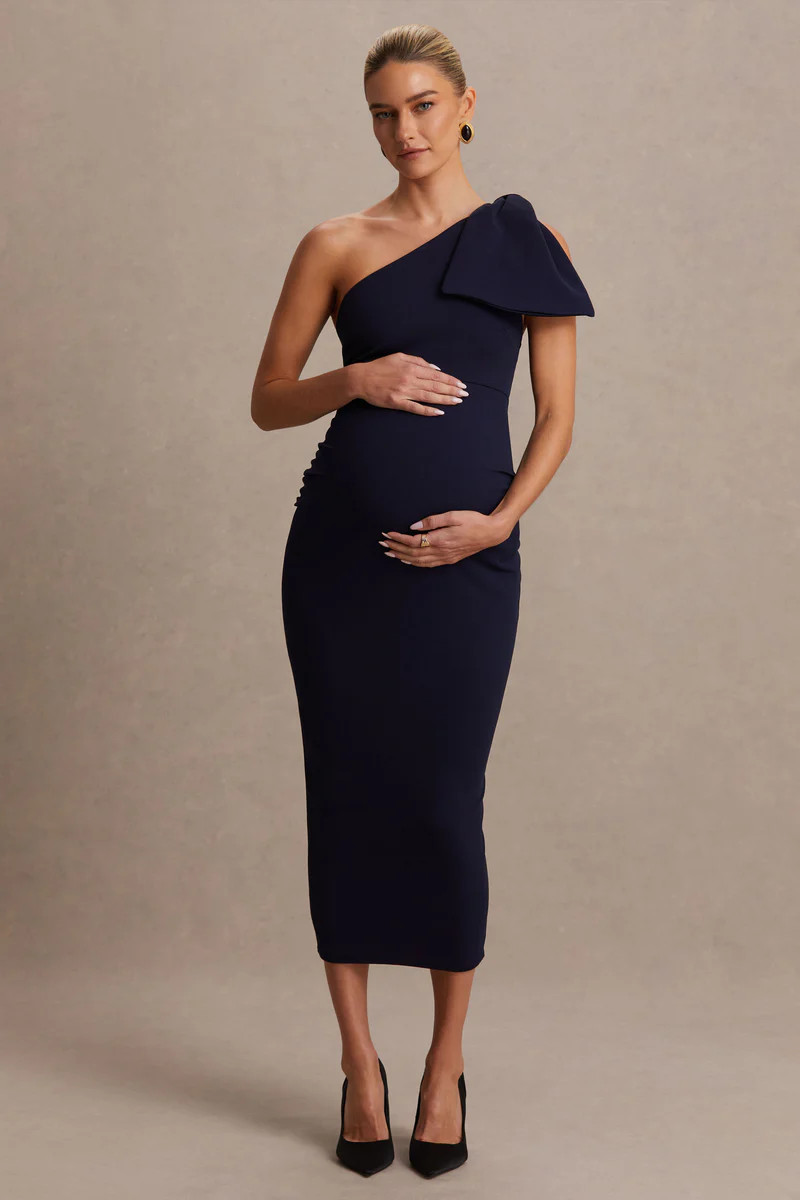 Adorn  Navy Asymmetric Maternity Midi Dress With Shoulder Bow Detail | Club L London