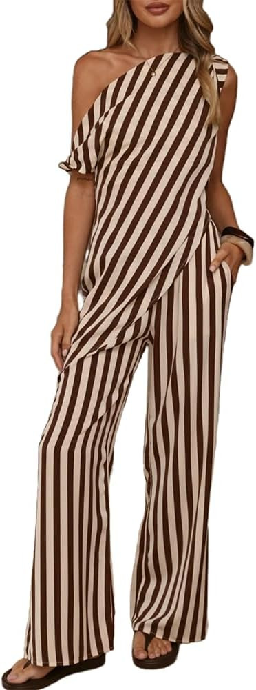 2 Piece Outfits for Women Stripe Print One Shoulder Backless Top Wide Leg Pants Summer Lounge Set... | Amazon (US)