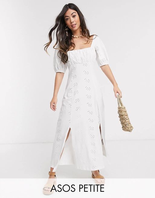 ASOS DESIGN Petite square neck broderie prairie maxi dress in white | ASOS (Global)