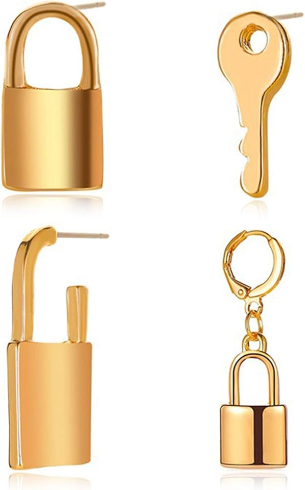 ANDPAI 4 pcs Asymmetric Silver Key Lock Shape Hoop Dangle Drop Earrings Gold Minimalist Geometric... | Amazon (US)